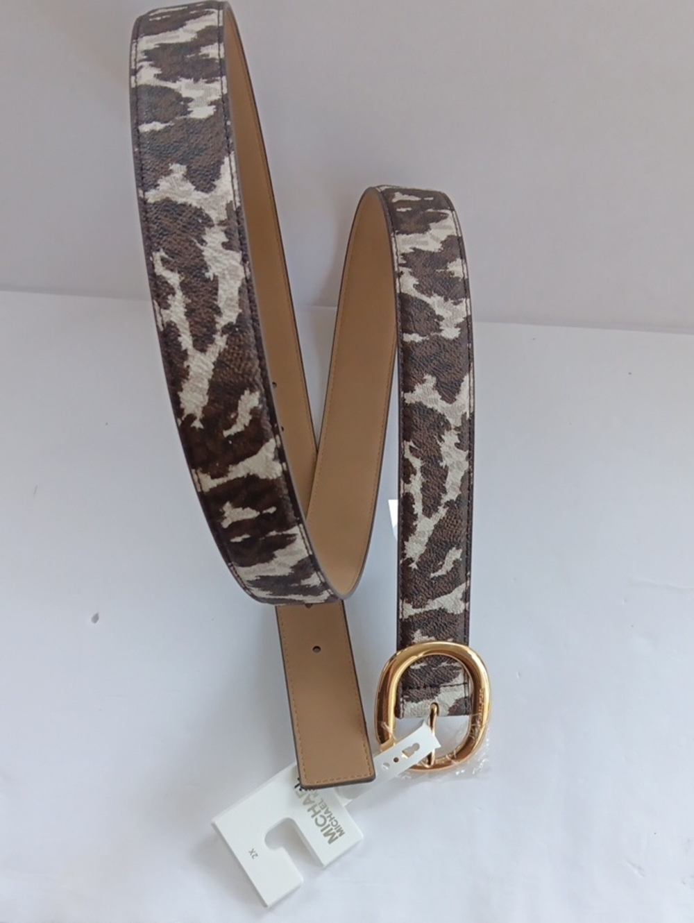 Michael Kors Brown & Cream Animal-Print Leather Belt Gold Buckle Plus 2X NWT